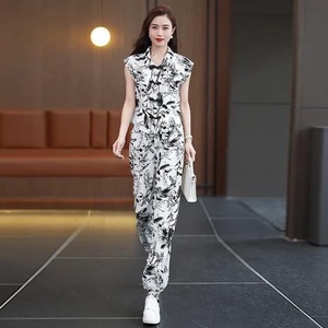 Women's Sleeveless Casual Set Ink Painting Print Chiffon Two Piece Harem Pants Set - Product Image 3