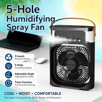 Ventilateur humidificateur à 5 trous, 3 vitesses réglables, oscillation à 180°, minuterie, lumière LED, portable, rechargeable par USB, 1L, étanche