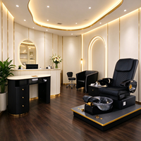 Fauteuil de pédicure électrique noir de luxe avec bol en verre cristal, table de manucure avec finition dorée, salon de manucure complet