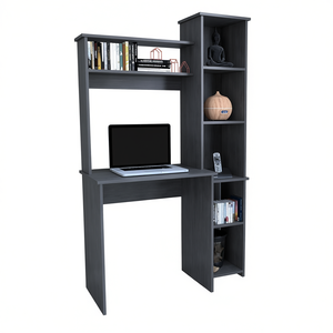 Scrivania per computer Versalles con due ripiani e cinque scomparti, mobili per ufficio domestico in rovere fumé - Product Image 1