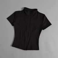Jaket Yoga Wanita Ringan, Elastisitas Tinggi, Lengan Pendek, Kerah Tegak, Pas Badan, Cocok untuk Latihan Kebugaran, Bahan Bernapas