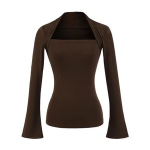 เสื้อยืดแขนยาวอเนกประสงค์สีพื้นเข้ารูปคอสี่เหลี่ยมของผู้หญิงแขนบาน - Product Image 6