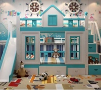 Lit superposé en bois pour enfant, design château européen, avec toboggan et escalier, modèle 2026, lit mezzanine