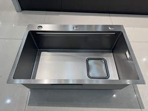 Évier de cuisine et <span class=keywords><strong>bassin</strong></span> de planche à découper fabriqués à la main à surface volcanique en acier inoxydable à un seul bol avec grand égouttoir et tamis filtrant - Product Image 2