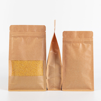 Sac à fond plat imprimé sur mesure, auto-scellant, avec fermeture éclair, à huit soudures latérales, pochette verticale en papier kraft brun avec fenêtre