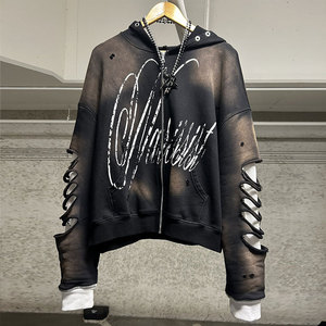 Huili OEM Axit Rửa Dày Bông Zip Up Áo Người Đàn Ông Tùy Chỉnh Màn Hình In Quá Khổ Phù Hợp Với Đau Khổ Ripped Áo Cổ Điển - Product Image 1