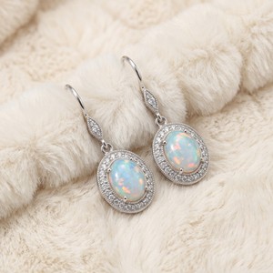 Ear enlace oem odm 925 Sterling Silver Oval <b>Opal</b> Zircon Halo Dangle <b>Earrings</b> Custom Wholesale Gemstone Jewelry For Women - Product Image 3