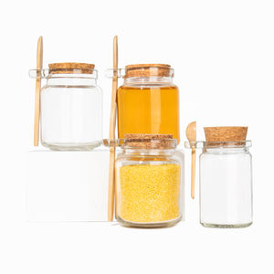 Personalizado 100mL 250ml Vacío Único Almacenamiento de alimentos Nueces Frutas Mermelada Especias Tarro de miel de vidrio con corcho y cuchara de madera - Product Image 4