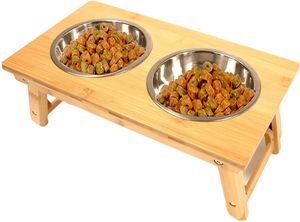 HOSTK Raised Pet Bowls Set Bamboo Stand for Dog &amp; <strong>Cat</strong> Adjustable <strong>Food</strong> or Water Feeder <strong>Holder</strong> - Product Image 3