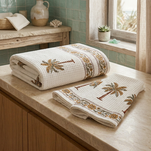 Juego de 1 Toalla de Baño y 2 Toallas de Mano de Algodón Waffle Estampadas a Mano, Reversibles, Hechas a Mano, para Hogar y Hotel - Product Image 3