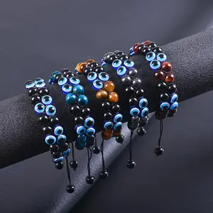 Wholesale Popular Handmade Evil Eye Natural Tiger Eye 8mm Stone Double Layers Unisex Bracelet Adjustable Crystals Woven Jewelry