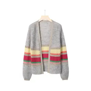 Hot Selling V-neck Open Chested Long-Sleeve knitted Cardigan Kid Mohair Women Colorful Stripe Sweater