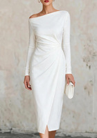 Robe de soirée fourreau midi asymétrique à une épaule pour femme, à manches longues, avec torsion latérale et fente avant
