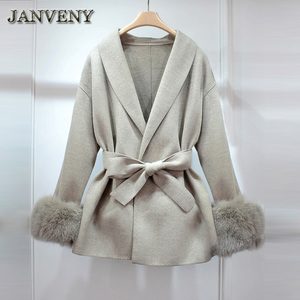 Giacca Invernale di Media Lunghezza in Cashmere da Donna JANVENY con Maniche con Inserti in Vera <span class=keywords><strong>Pelliccia</strong></span> di Volpe Naturale e Revers in Tinta Unita <span class=keywords><strong>Cappotto</strong></span> di Lana con Cintura - Product Image 5