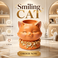 Pot de fleurs en polyrésine en forme de tête de chat souriant, 25 cm, sculpté et peint à la main, motif floral doré, ornement pour la maison et le jardin, cadeau de pendaison de crémaillère