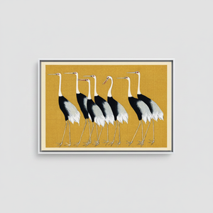Printed <b>Canvas</b>: Elegant Minimalist Crane Art in Black, White, Mustard,WHITE <b>FRAMED</b> <b>CANVAS</b> - Product Image 2