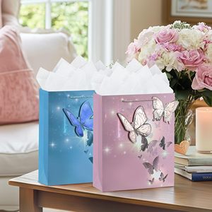 Sac cadeau <span class=keywords><strong>moyen</strong></span> pour filles et femmes, sacs en papier de luxe avec poignées, papier de soie, papillons colorés, sac d'anniversaire, sac de fête de mariage - Product Image 3