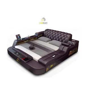 CBMmart Set Kamar Tidur Kulit, Set Tempat Tidur Ganda Pijat Elektrik Ukuran King, Furnitur Portabel Kualitas Tinggi Tahan Lama