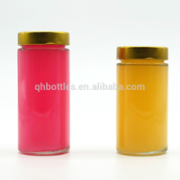 Pot en verre ergonomique rond et haut de 380 ml avec couvercles métalliques à anse profonde, facile à remplir et à distribuer pour le miel, les noix, les épices, les sauces, la tequila