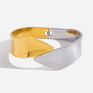 Geometric Stainless Steel <b>Bangle</b> Gold <b>Silver</b> Two Tone Spring Closure Unisex Jewelry Fashion <b>Bracelet</b> - Product Image 1