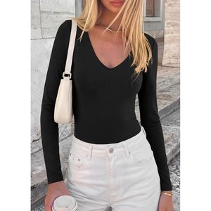 Body de Manga Larga con Cuello en V para Mujer FOXA, Ajustado, Básico, Informal, para Otoño, Tejido Suave - Product Image 5