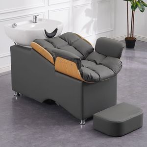 Poltrona Ergonomica per Lavaggio Capelli con Poggiapiedi, in Pelle PU, Lavabo in Ceramica, Lettino per Parrucchiere, Arredamento per Salone di Bellezza e Spa - Product Image 3
