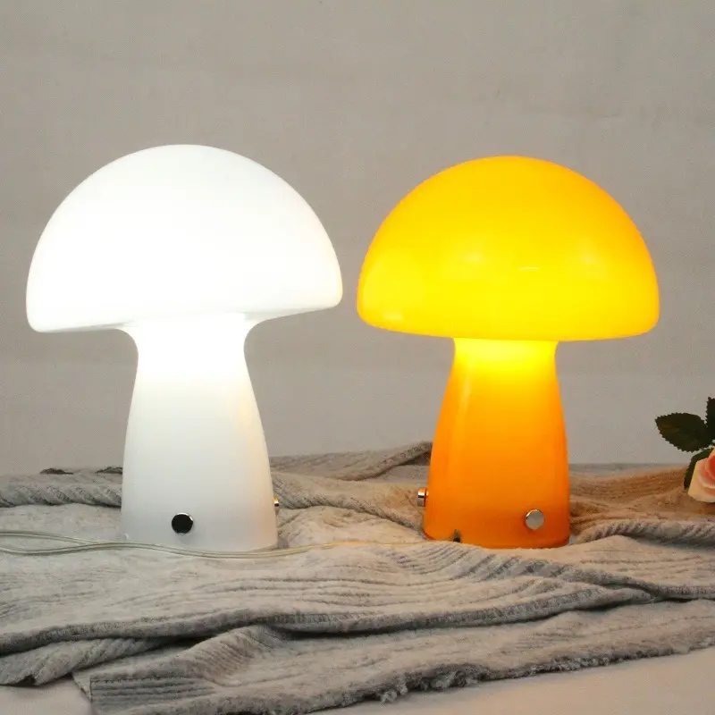 LED E27 Nordic Glass Metal Art Design white Orange led light plug Mushroom table lamp for living room restaurant home decor