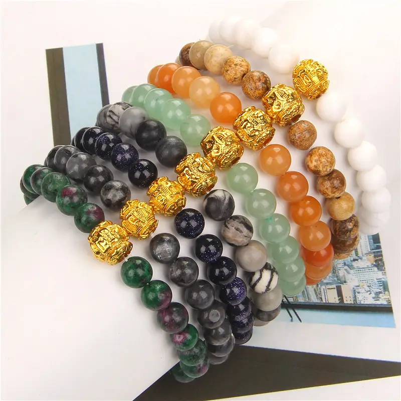 Newest Golden Six-Word Mantra Beads Gemstone Bracelets Religious Yoga Gifts Natural Stone Jade Agate Jasper six word Bracelets