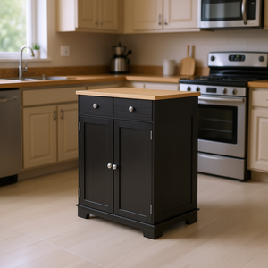 Mobile da Cucina Autoportante dal Design Tradizionale, Finitura in Legno Nero con Piano in Legno per Uso in Cucina - Product Image 2