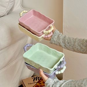 Bandeja para hornear estilo Ins con bloques de color, irregular, profunda, con dos asas, de alta gama, apta para <span class=keywords><strong>microondas</strong></span> y horno, vajilla. - Product Image 3