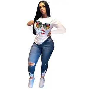 Summer Women's T-shirt Solid-color Cartoon Glass and Mouse Printed Long Sleeve Crew Neck Casual Street wear Girls T Shirts
