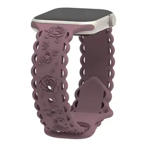 Leyi Fashion girly rose relief 3D engraved silicone smart Loop Bracelet belt band adjustable watch straps for watch7/8/9 45 49mm