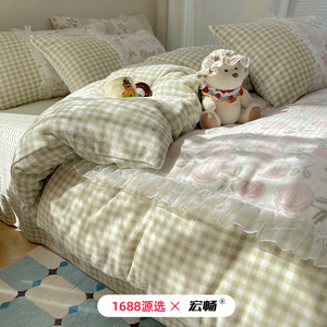 Class A Winter Milk Fleece Four-Piece <b>Bedding</b> Set Korean Style Warm Thickened Princess Lace Edge Anti-static - Product Image 1