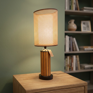 Lámpara de Mesa de Madera Estilo Mid-Century con Pantalla de Ratán Marrón Cilíndrica, LED Ra80, Luz Blanca Cálida, Decorativa para Dormitorio, E27 con Interruptor - Product Image 2