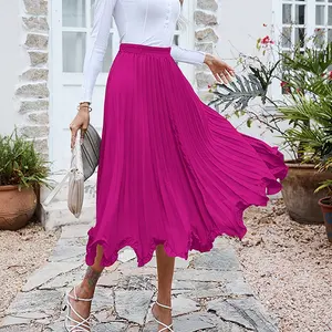 2023 bescheidene Frühling feste helle Farbe sexy rosa hohe Taille Chiffon elegante lange Falten röcke für Frauen