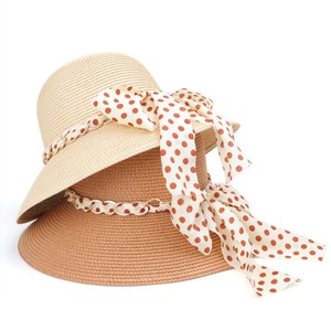 Floppy <b>Straw</b> <b>Hat</b> With Polka Dot Ribbon Beach Sun <b>Hat</b> For Women Summer Outdoor Wide Brim Natural Grass Material - Product Image 1