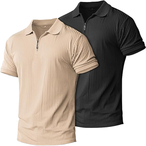 Chemise décontractée à manches courtes en tricot uni pour homme, avec poche, logo personnalisé, noir et beige, 240 GSM, 100 % coton, anti-plis - Product Image 1