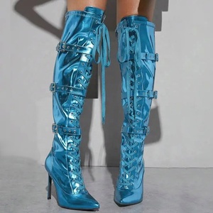 Women's Buckles Pointy Toe Knee-high Booties High Heels Lace up Booties Bright Metallic Upper Dress Stiletto <b>Shoes</b> - Product Image 1