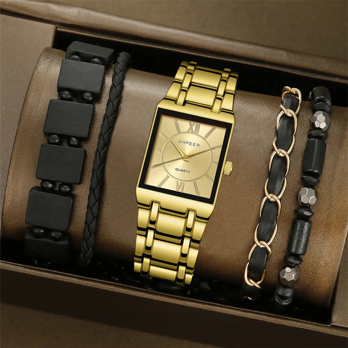 WGS-19 Relógio de luxo quadrado negócios relógios de aço homem relógios conjuntos 4pcs moda pulseira presente conjunto