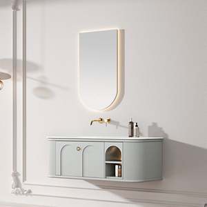 Meuble de salle de bain mural moderne résistant à l'eau, vasque simple, meuble en bois avec miroir LED pour appartement et villa - Product Image 2
