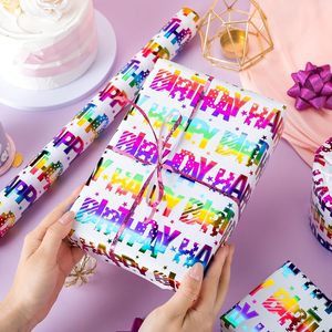 Happy Birthday Wrapping Paper Roll 17 Inch X 16.5 Feet Colorful Foil Rainbow Pattern Single Side Gift <b>Wrap</b> - Product Image 2