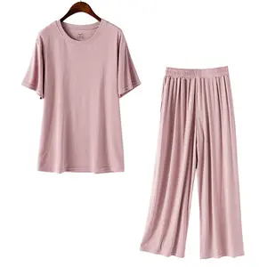 Modale Gebreide Pyjama Voor Vrouwen Zomer Pyjama Korte Mouwen Cropped Broek Dunne Losse Ronde Kraag Twee Stukken Pyjama Set