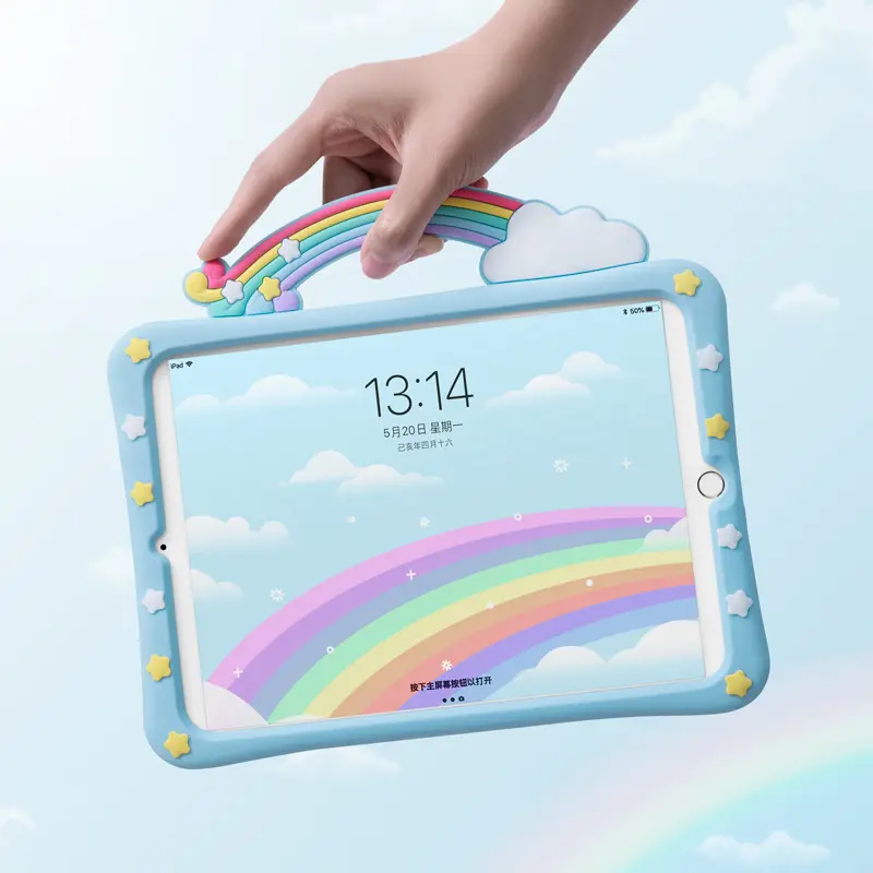 Karikatur Blue Rainbow Silikon-Griff Kickstand-Hülle für Ipad Hülle 8. Generation Hülle Tablet für Kinder Amazon