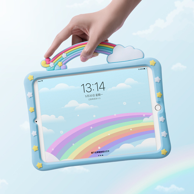 Cartoon Blue Rainbow Silicone Handle Kickstand Case for Ipad Case 8th Generation Case Tablet for Kids Amazon