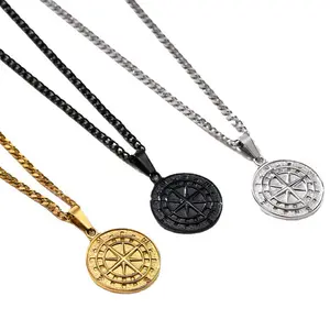 Custom Mens 18k Gold Plated Hip Hop 316l Stainless Steel Compass Pendant Necklace North Star Pendant