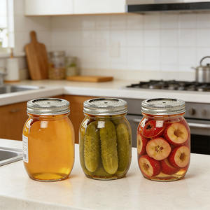 Pot Mason <span class=keywords><strong>en</strong></span> verre transparent à large ouverture de 16 oz avec couvercle <span class=keywords><strong>en</strong></span> fer blanc, étanche, écologique, logo personnalisé pour le stockage des aliments, <span class=keywords><strong>cornichons</strong></span>/confiture/miel - Product Image 6