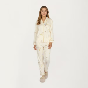 Conjunto de pijama con botones y cuello con muescas para mujer, top suave de manga larga, pantalones largos, ropa de dormir relajada para todas las estaciones - Product Image 1