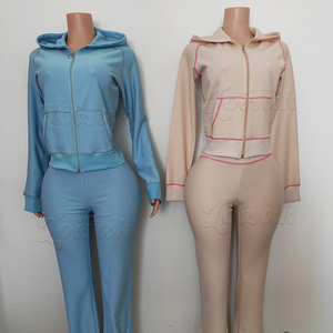 Set di <span class=keywords><strong>tuta</strong></span> da <span class=keywords><strong>donna</strong></span> a maniche lunghe con cerniera con foro per il pollice e <span class=keywords><strong>pantaloni</strong></span> a zampa larga set da salotto in due pezzi - Product Image 6