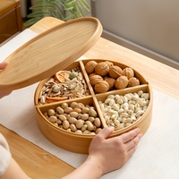 Ronde bamboe snackbox opbergplateau met deksel, meerdere compartimenten voor snoep, noten en gedroogd fruit, opbergdoos voor thuis en hotel