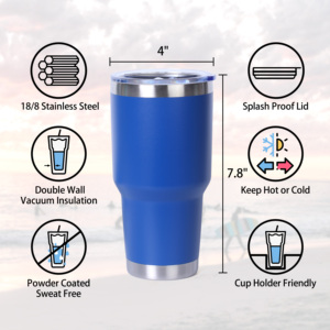 Vaso de acero inoxidable de 30 onzas con tapa, vaso de viaje con aislamiento al vacío de doble pared, recubierto de polvo, Azul Real - Product Image 3